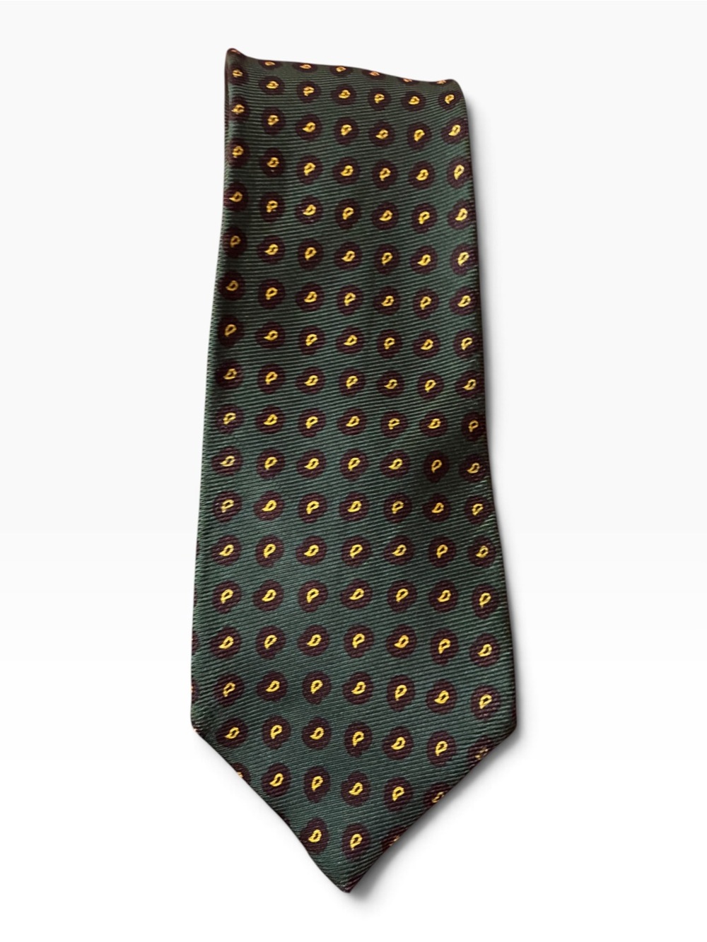J. Press 100% Silk Tie Green Gold Burgundy Paisley Woven in England Ivy Preppy